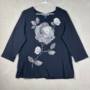 Karen Scott Womens Rhinestone Floral Graphic Top XL 3/4 Sleeve 100% Cotton